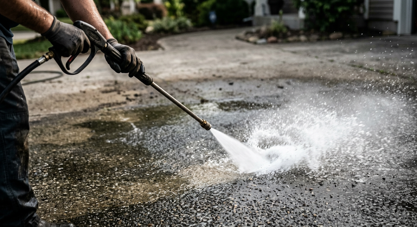 Pressure washing service blasting away heavy grime and buildup from driveways, concrete, and commercial surfaces in Central Florida