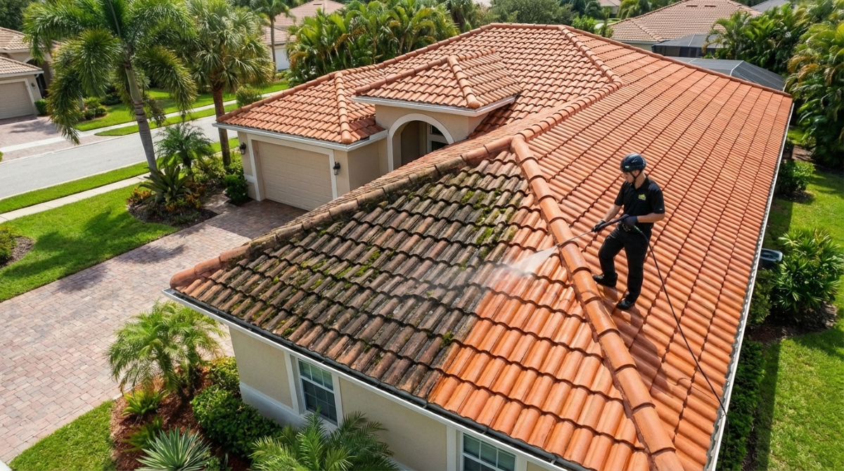 Soft washing exterior cleaning service using low-pressure eco-friendly solutions